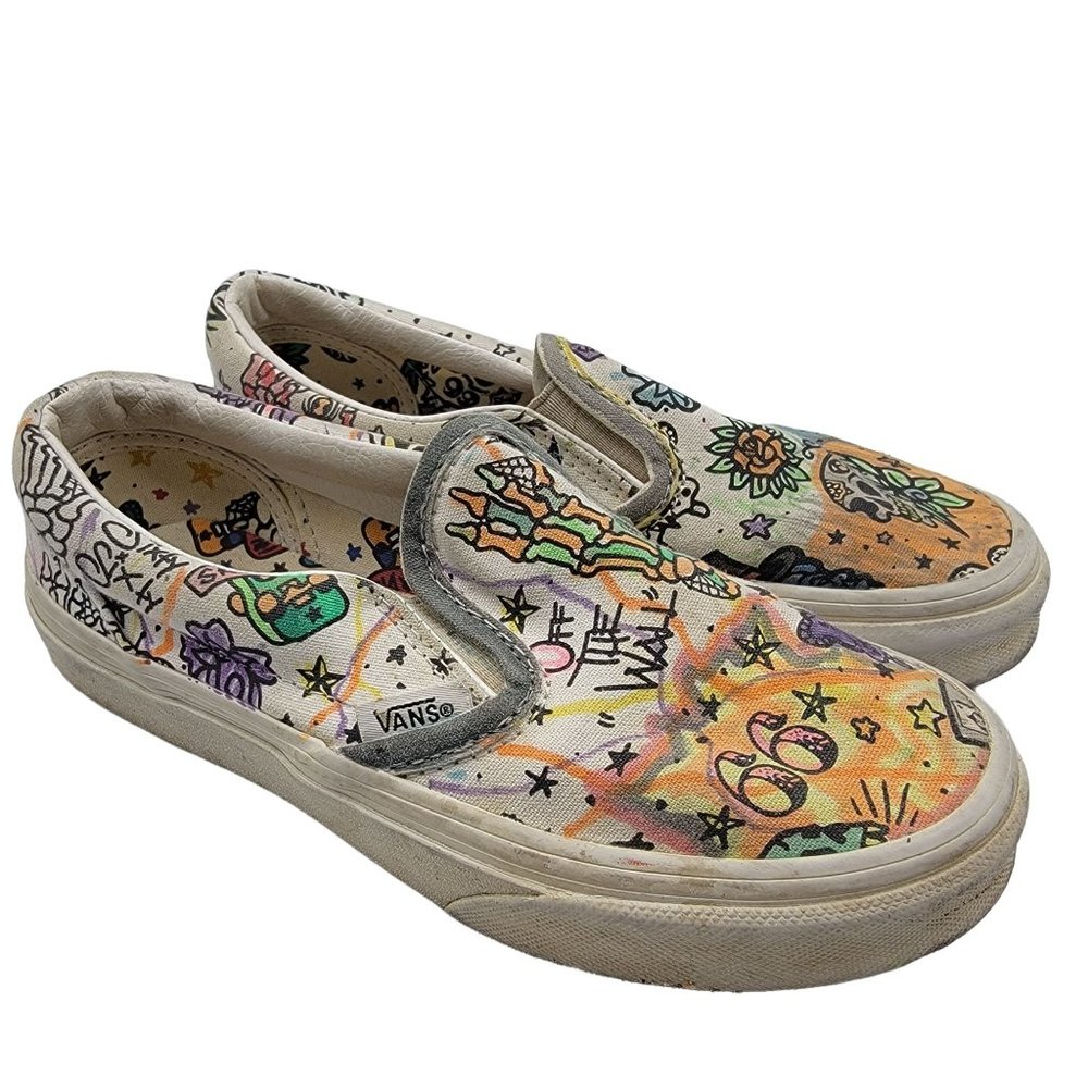 Vans U Paint Kids 1 Slip On White Skulls Canvas Casual Everyday Shoes